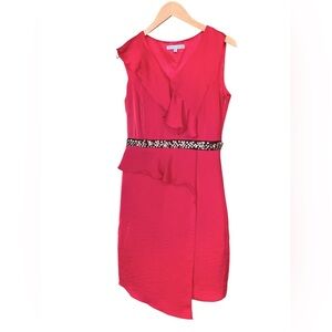 ANTONIO MELANI Red Beaded Waist Faux Wrap Cocktail Dress Sz 8